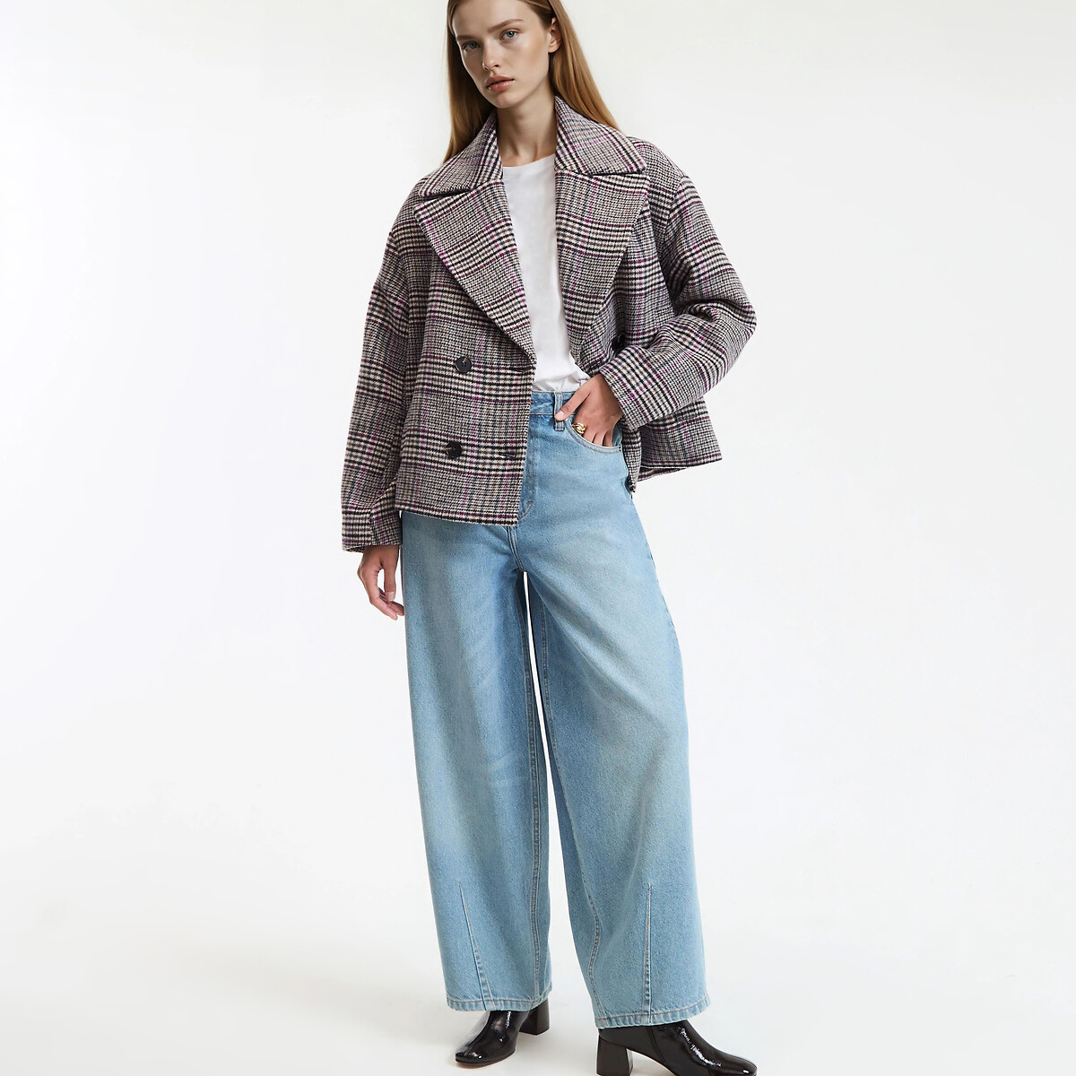Mid-Length Winter Pea Coat with Button Fastening pink checks, LA REDOUTE COLLECTIONS