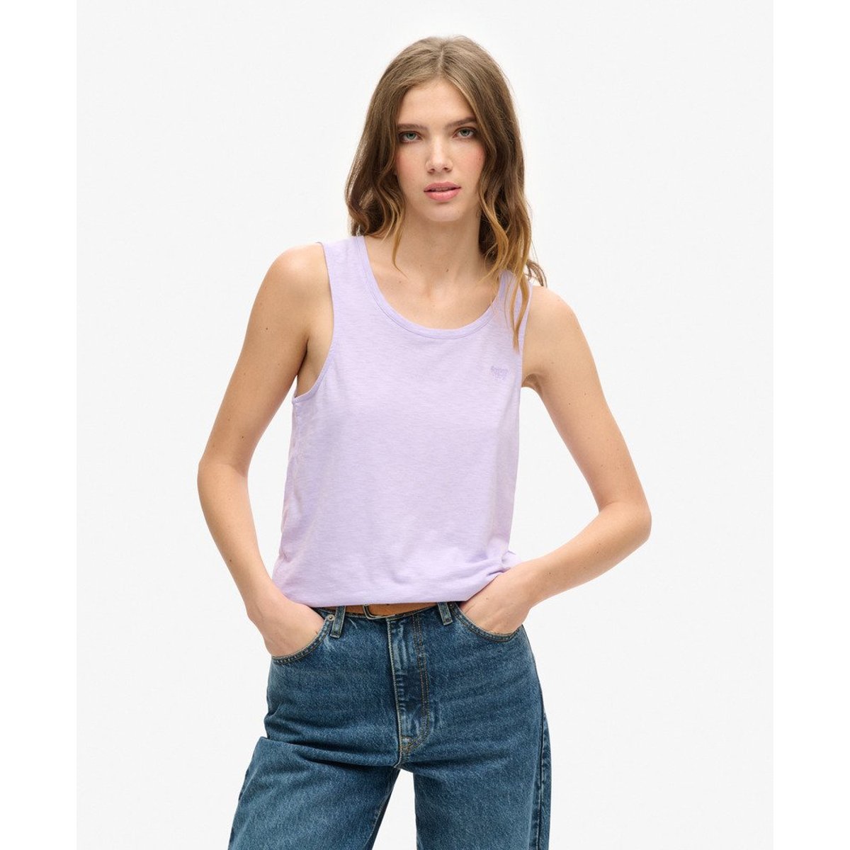 Débardeur décolleté rond, logo brodé violet lavande clair, SUPERDRY