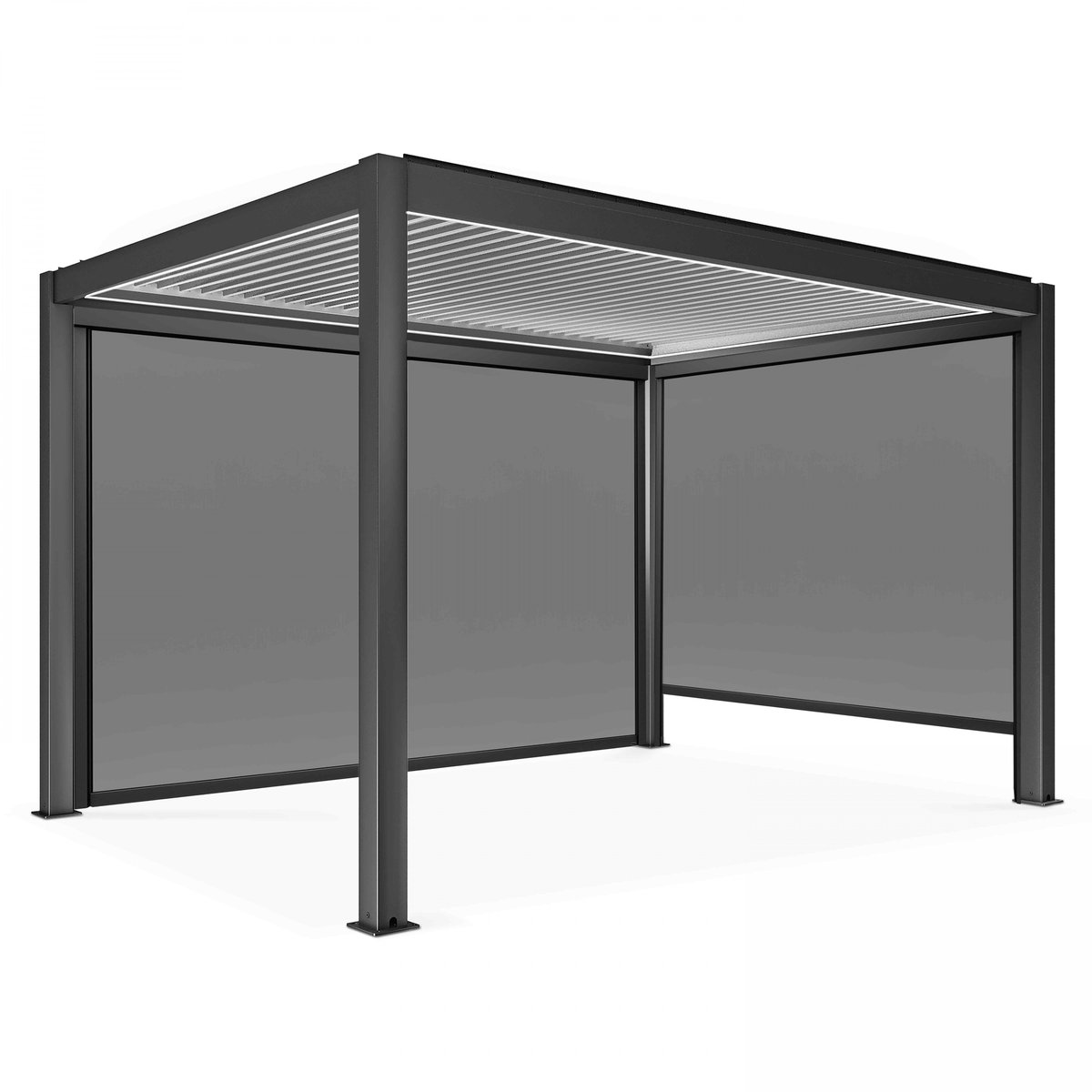 Pergola bioclimatique autoportée motorisée éclairée 3x4m et 2 stores gris, OVIALA