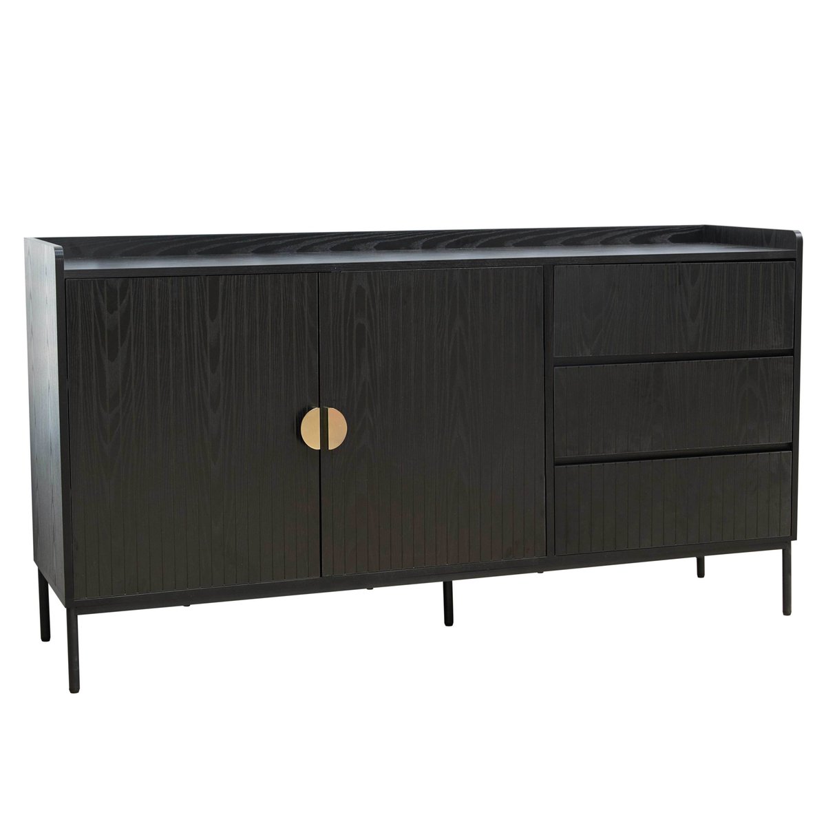 Buffet 2 portes et 3 tiroirs en acier et MDF décor mélaminé 150 cm, DAKOTA noir, OVIALA