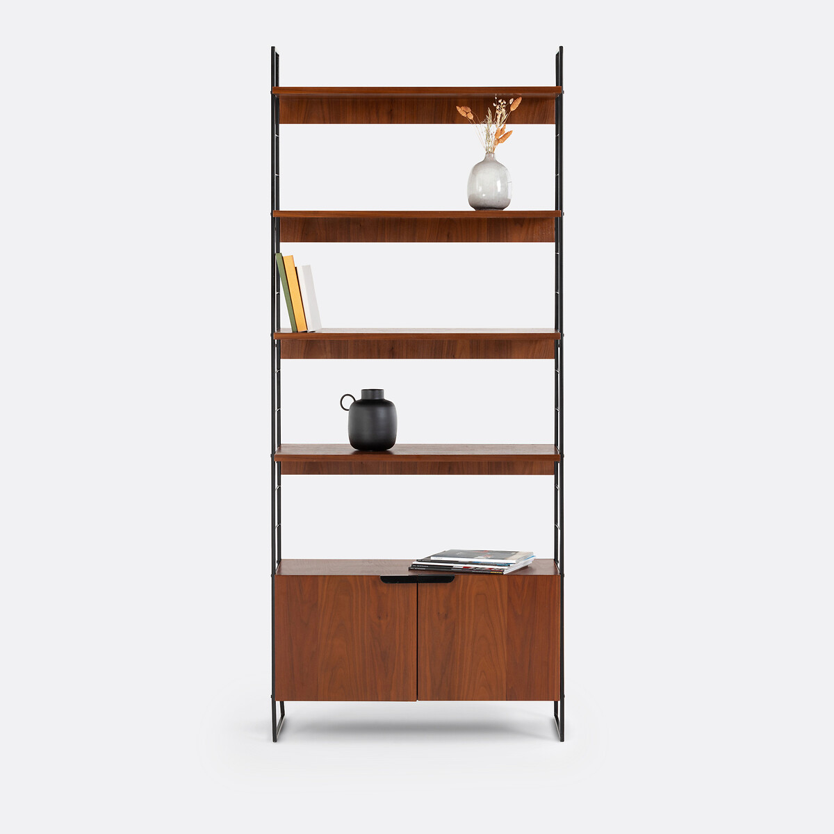 Bibliothèque vintage, en plaqué noyer et métal acier, hauteur 190 cm, WATFORD noir/teinté noyer, LA REDOUTE INTERIEURS