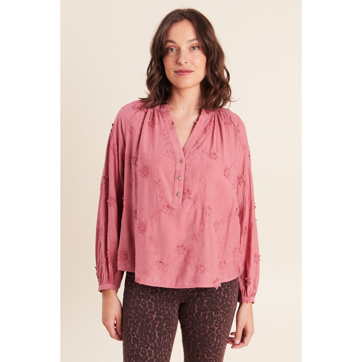 Blouse ample manches longues brodée mauve, BREAL