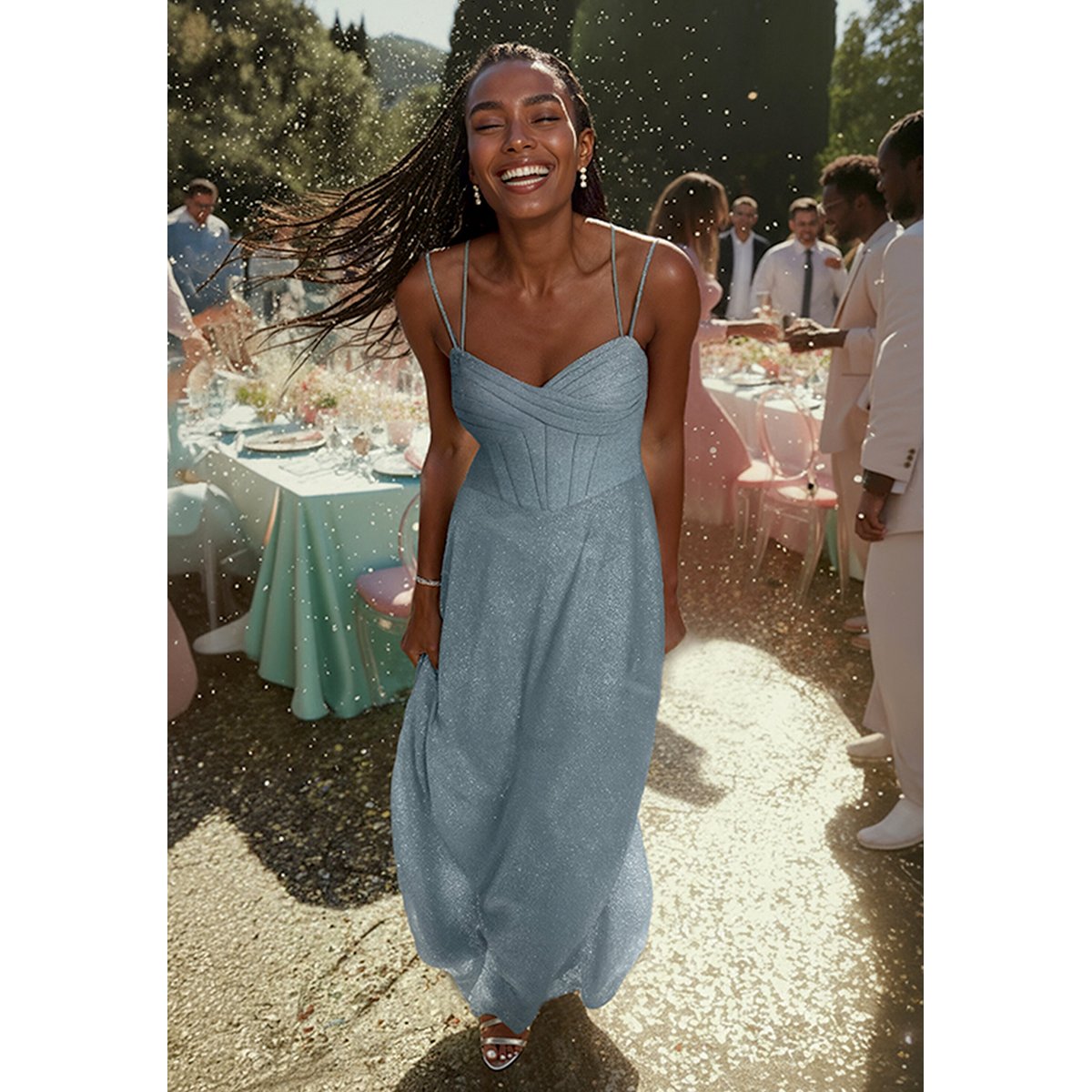 Robe de soirée au look scintillant blanc/gris, VERA MONT