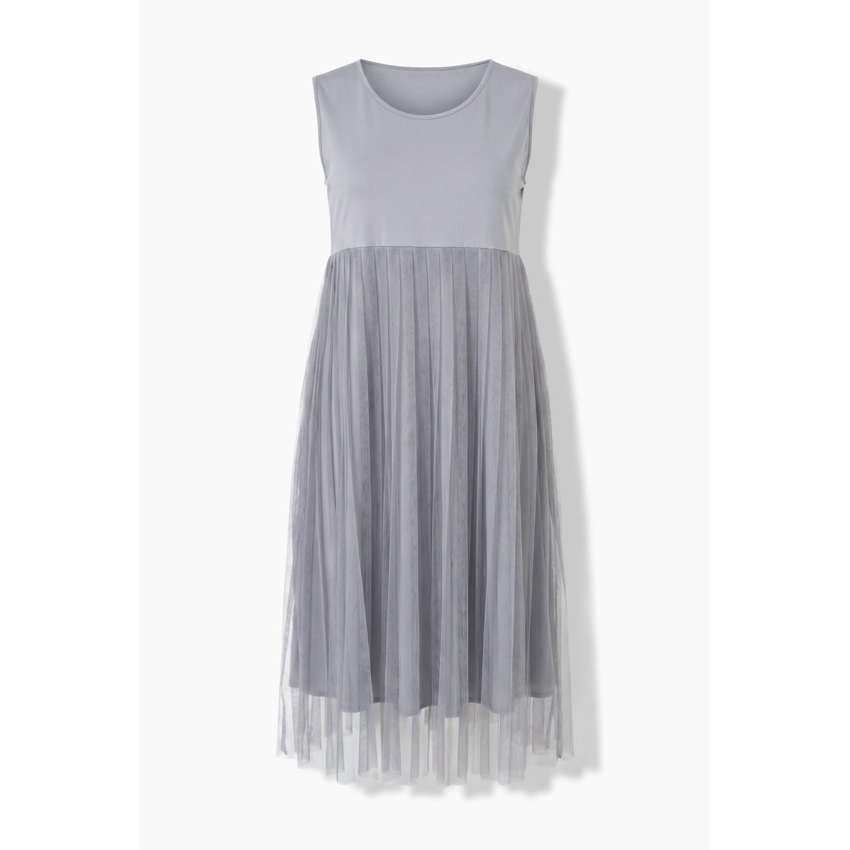 Robe midi, jupe plissée et décolleté rond gris pierre, ULLA POPKEN