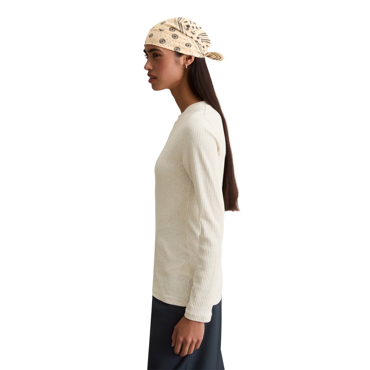 T-shirt long en jersey côtelé slim en coton bio mélangé et élastique blanc naturel, MARC O’POLO DENIM