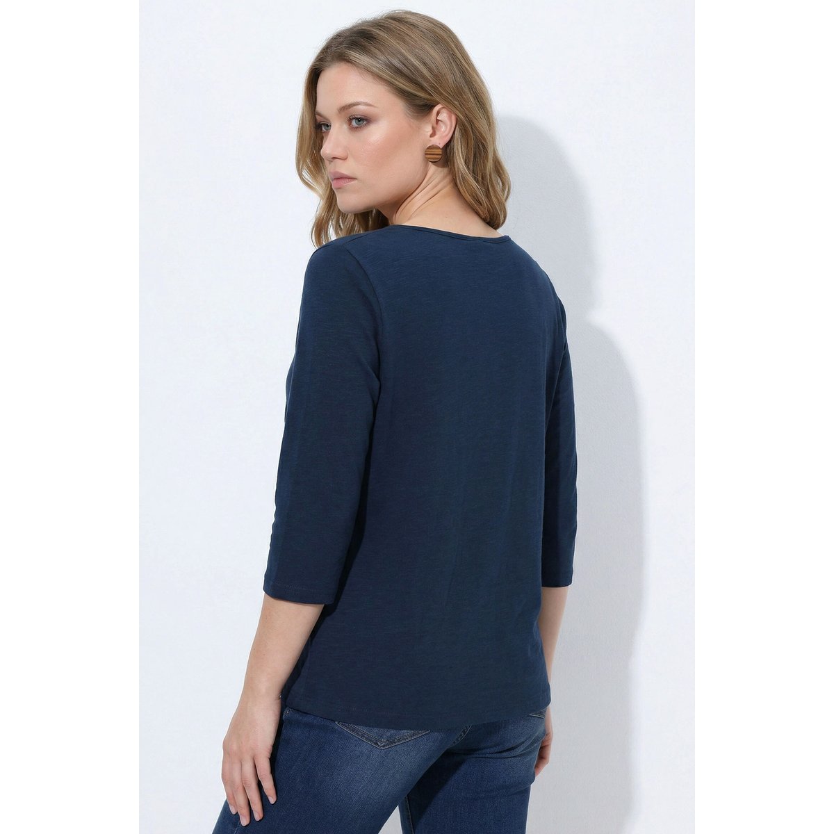 T-shirt col bénitier, manches 3/4, coton bio marine, ULLA POPKEN