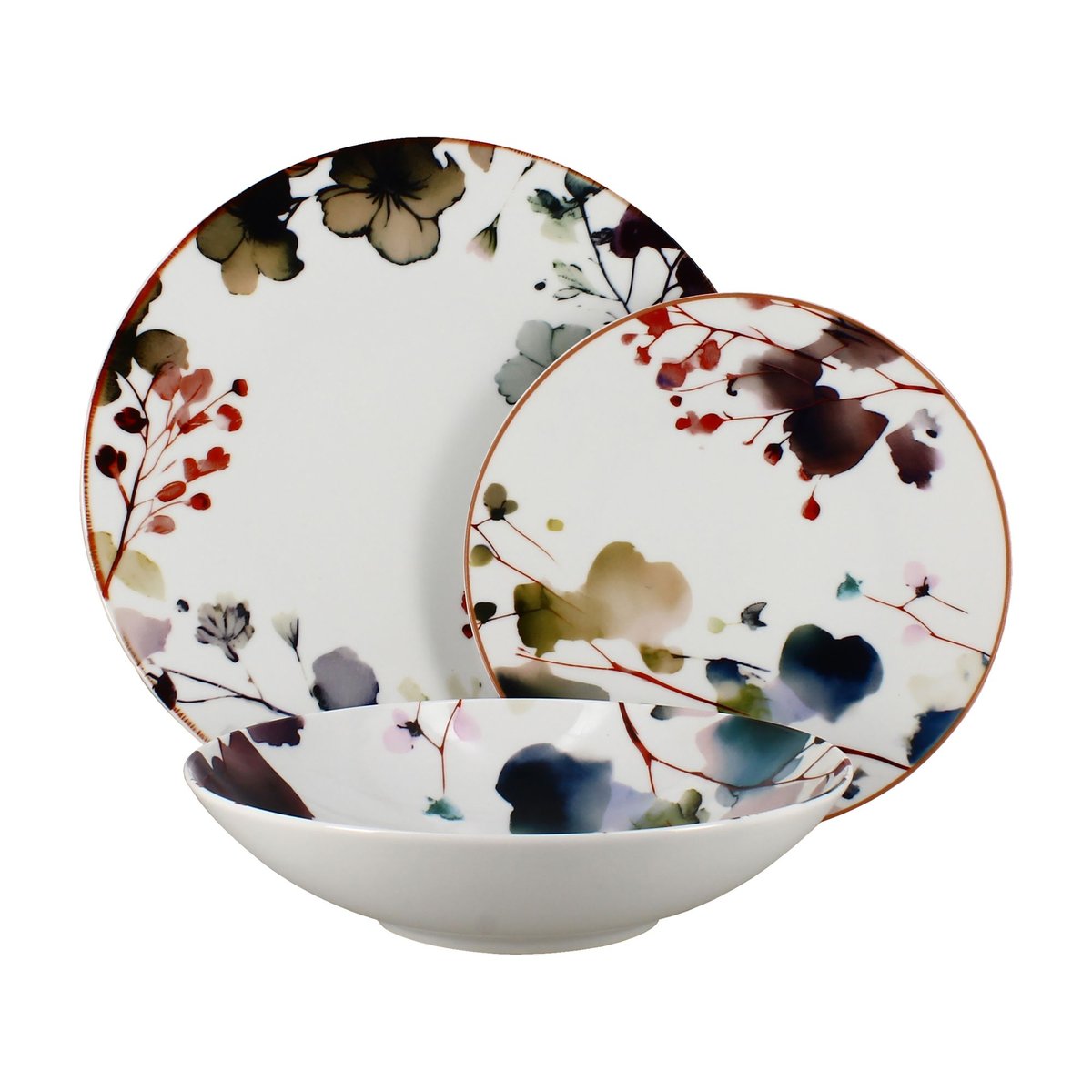 Lot de 6 assiettes plates en porcelaine 27cm, AQUARELLE motif fleuri, NOVASTYL