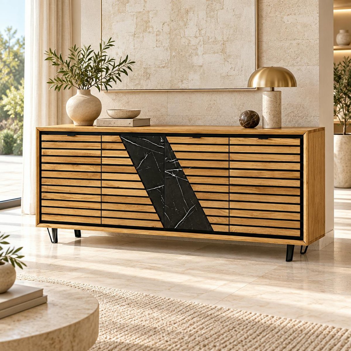 Buffet design en bois de chêne finition miel, 4 portes ESSEN chêne miel, PIER IMPORT