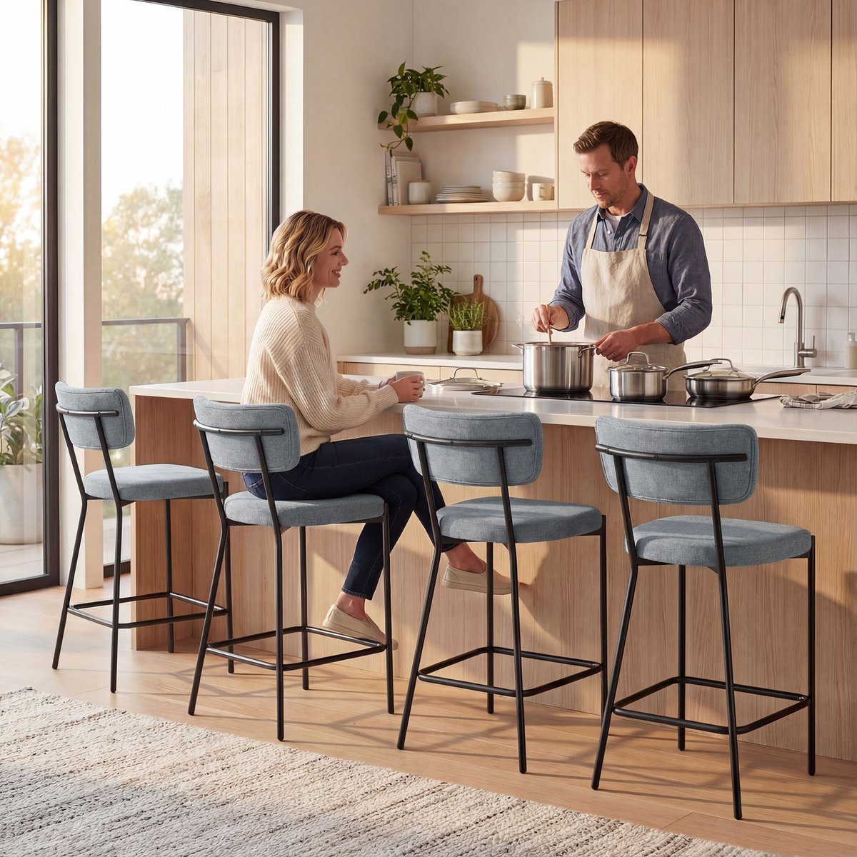 Tabouret de bar Tissu effet lin (100 % gris clair, HOMCOM
