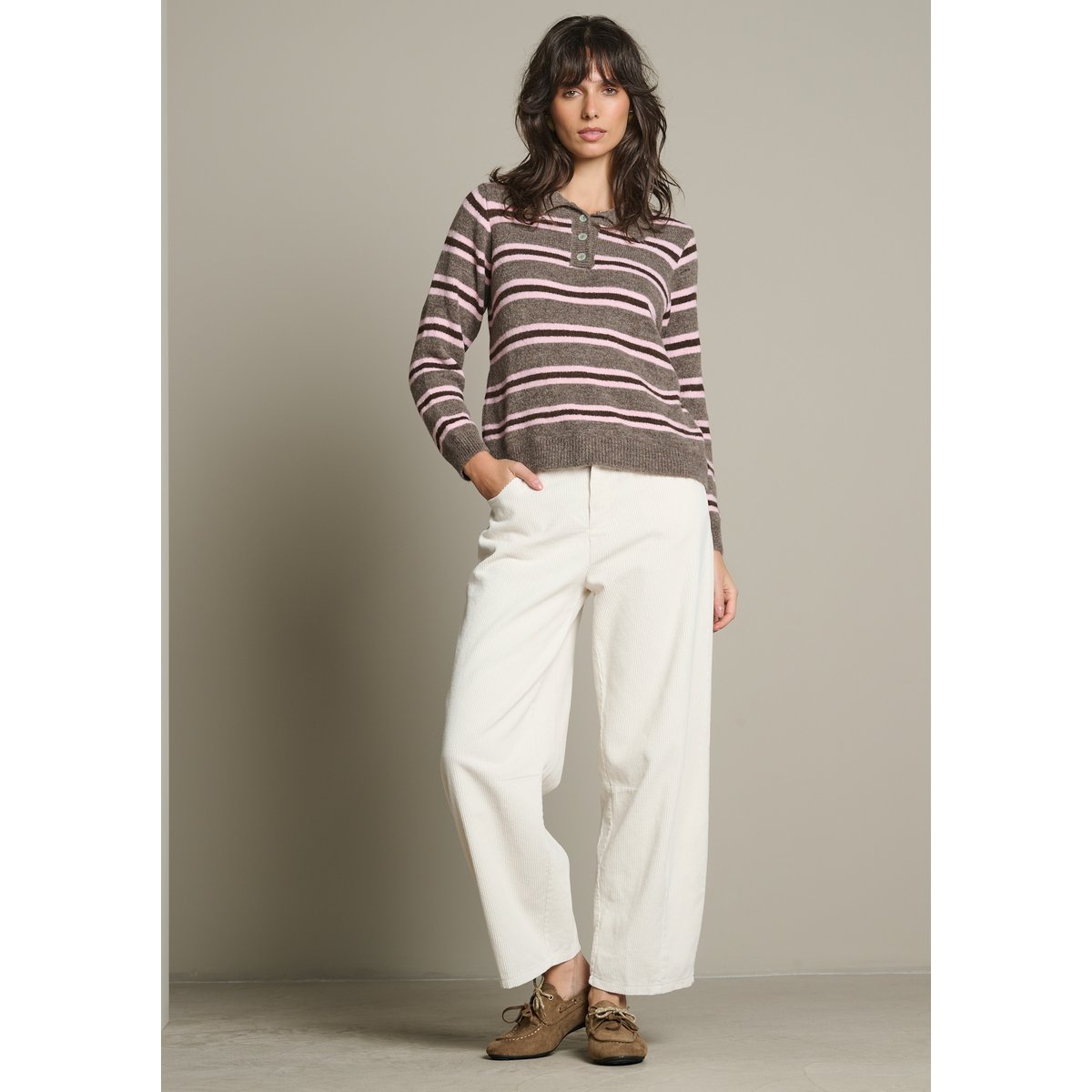 Pull polo à rayures taupe, LOLALIZA