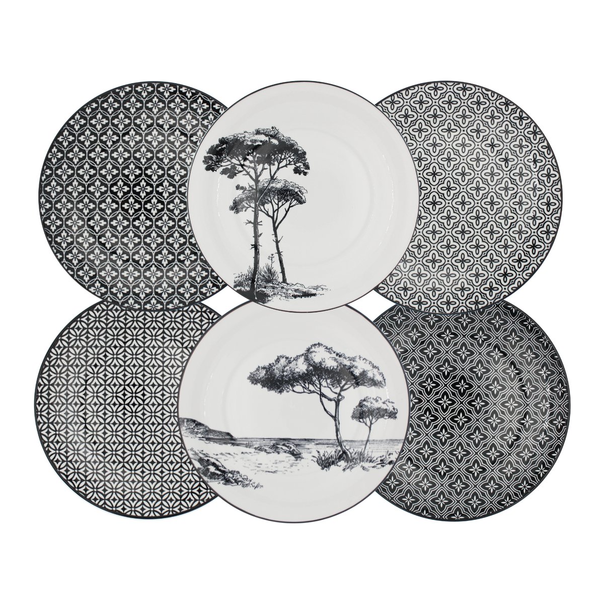 Lot de 6 grandes assiettes, VILLA LES PINS noir, ARTIME