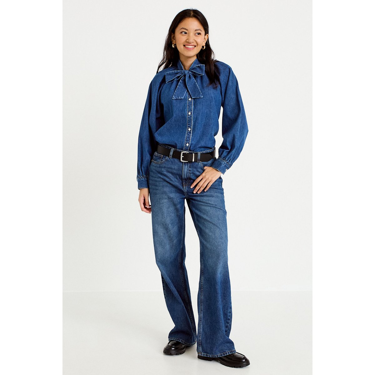 Chemise ample en jean col montant denim stone, CACHE CACHE