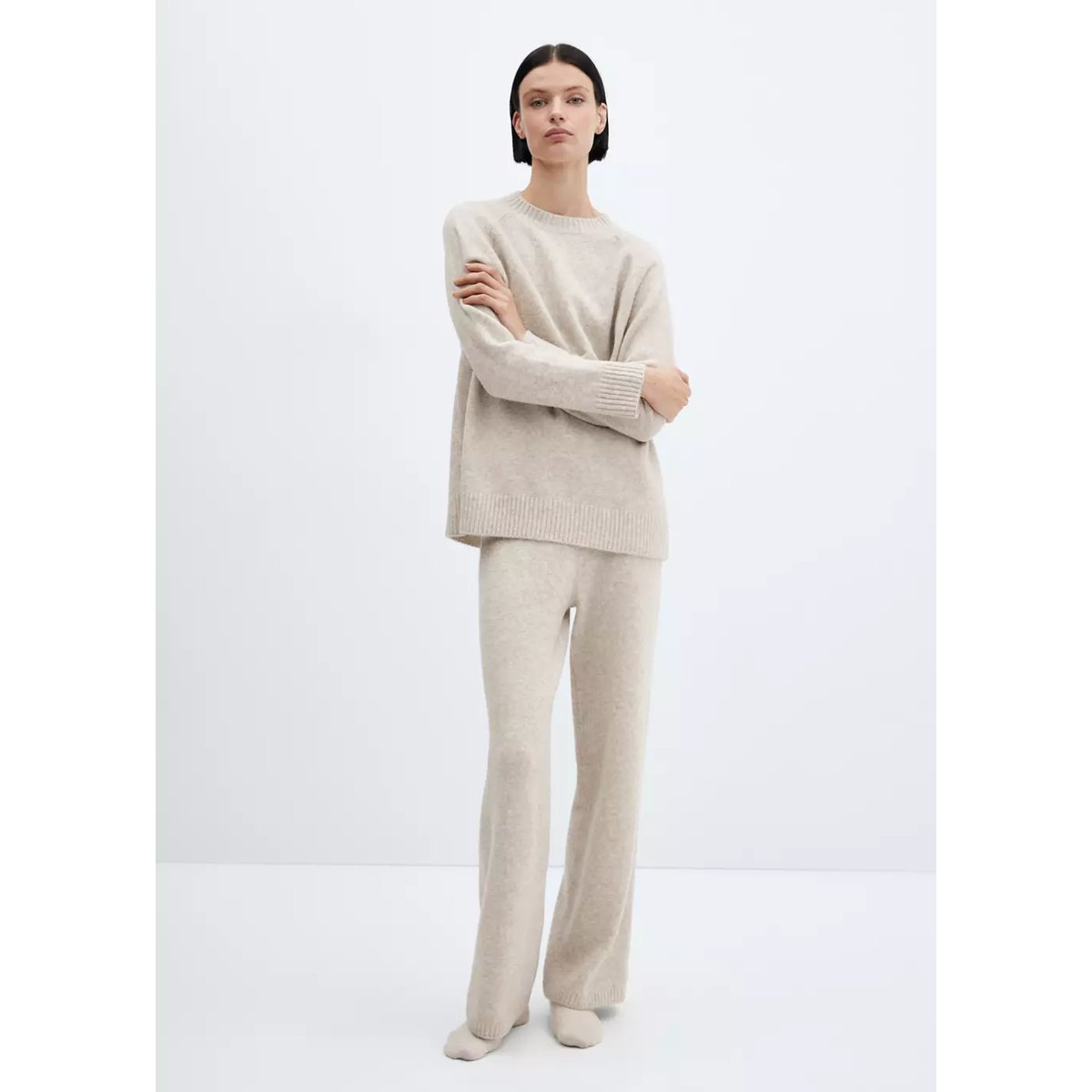 Pantalon maille long beige, MANGO
