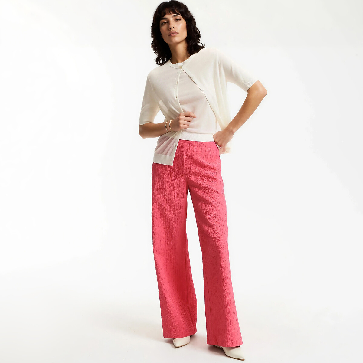 Crepe-Look Fabric Wide Leg Trousers strawberry pink, LA REDOUTE COLLECTIONS