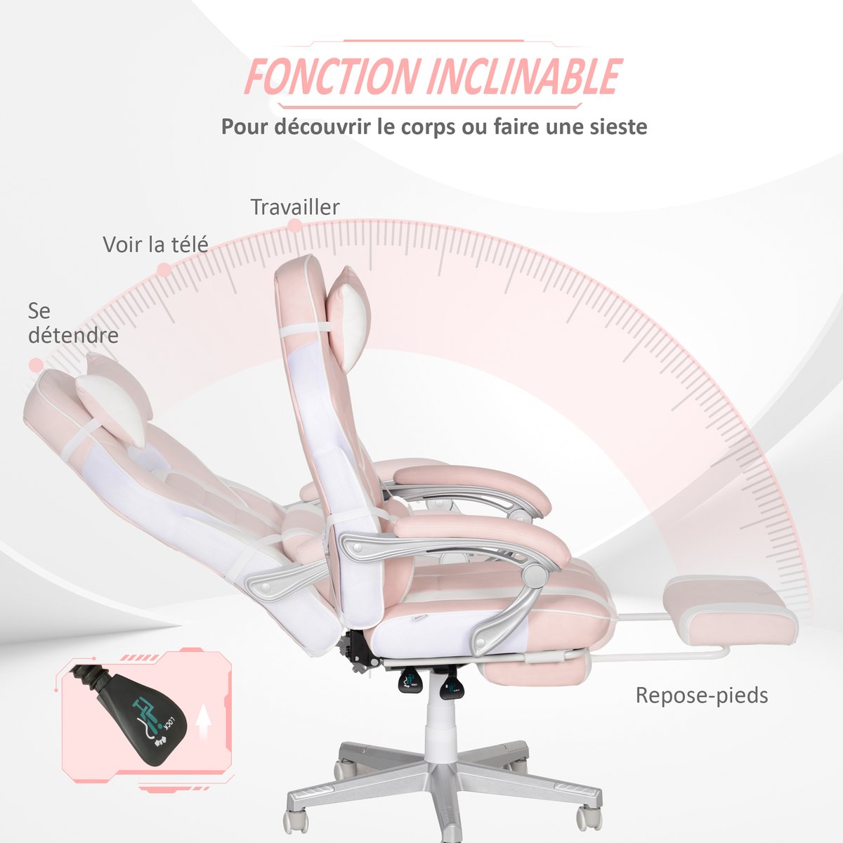 Fauteuil gaming Polyuréthane Rose rose, blanc, HOMCOM