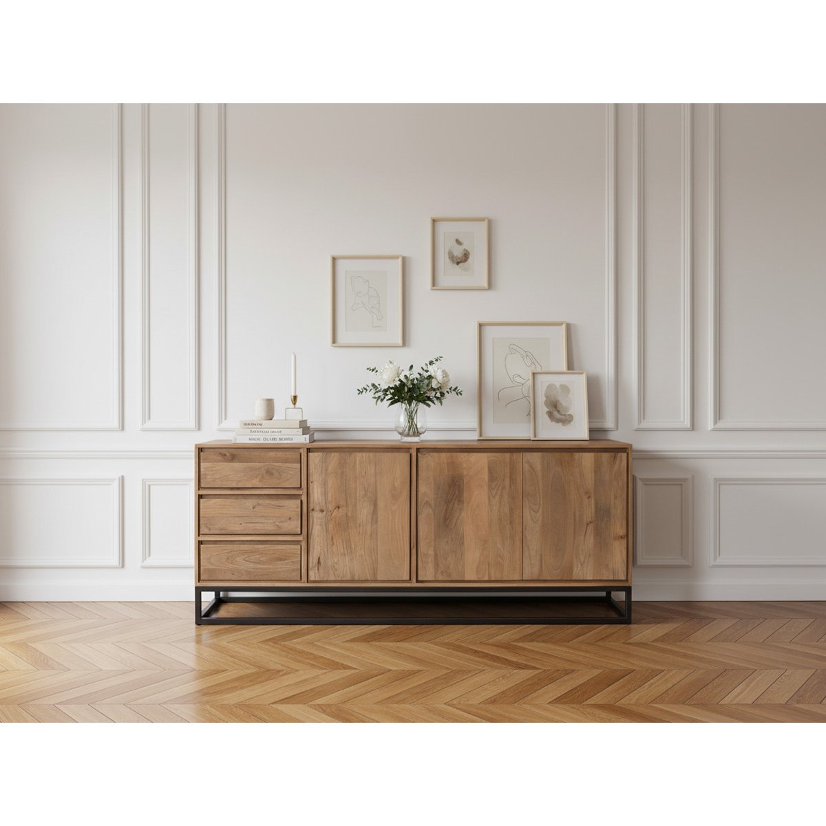 Buffet bas en bois massif 3 portes 190 cm, BERGERAC bois clair, BOBOCHIC