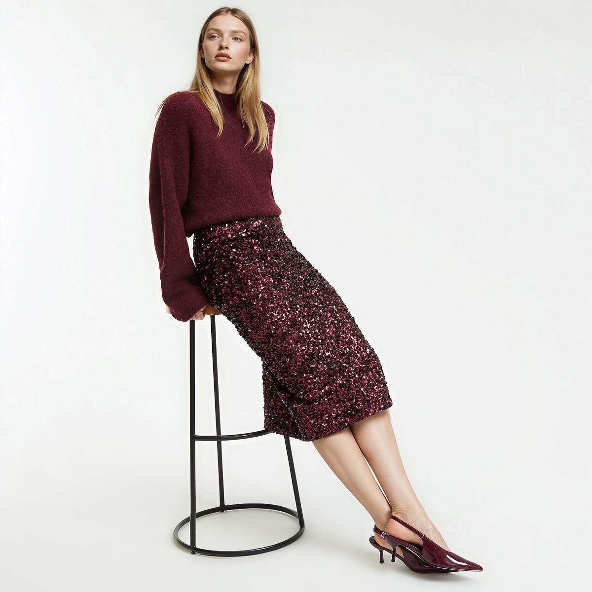 Straight Sequin Midi Skirt burgundy red, LA REDOUTE COLLECTIONS