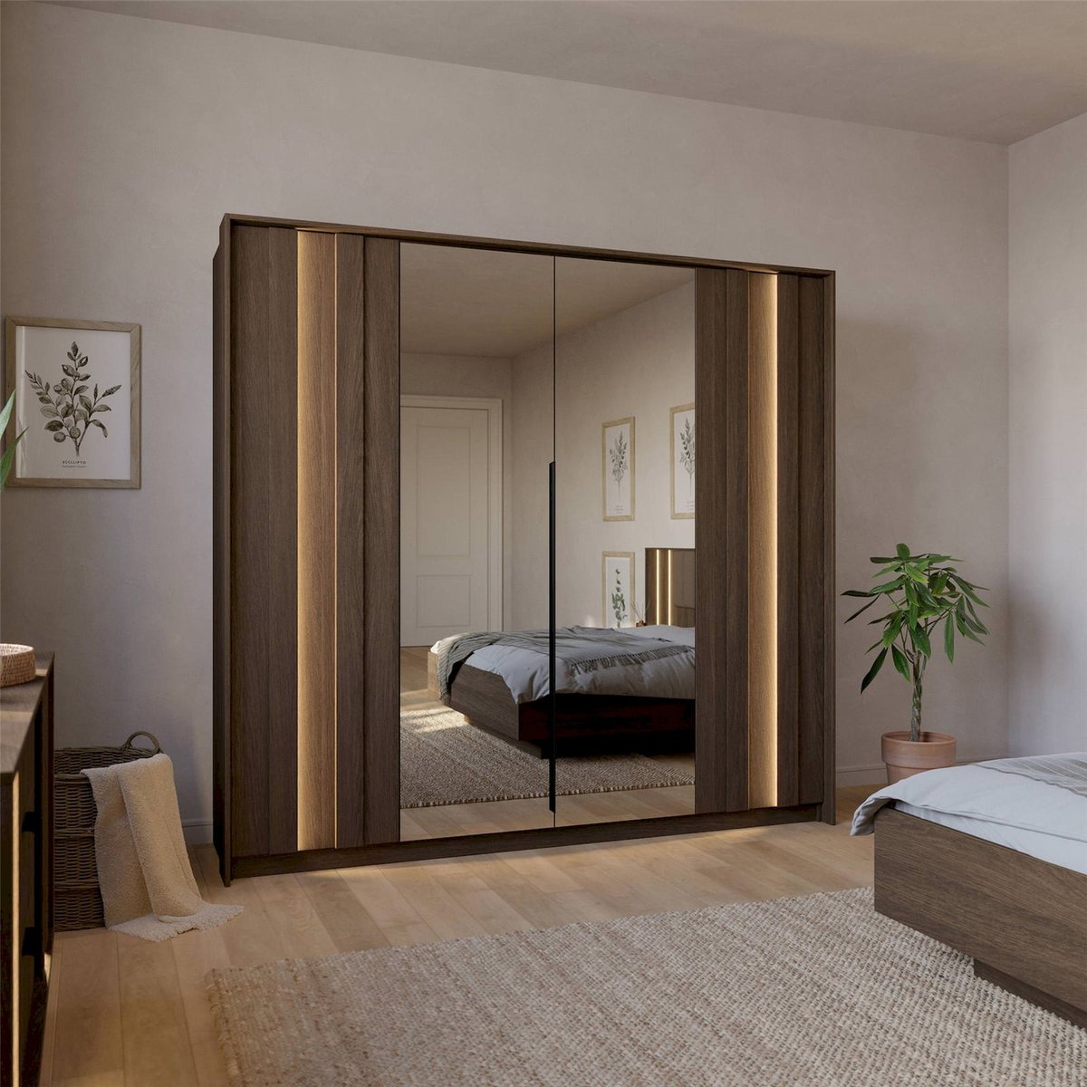 Armoire 4 portes miroir et LED collection AMARO chêne dunin avec miroir, RECOLLECTION