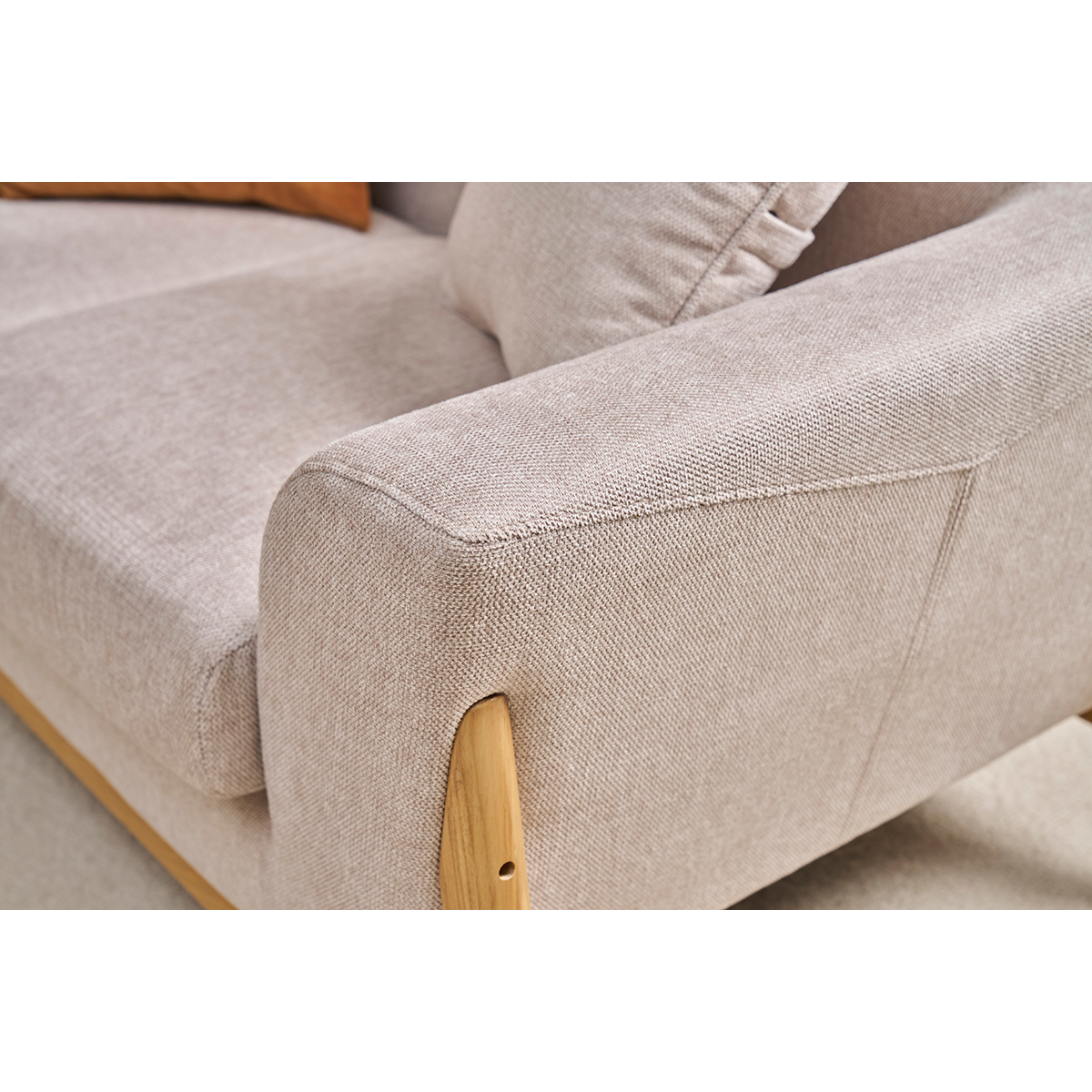Canapé scandinave 2 places en tissu effet velours texturé beige et bois clair ASAKO beige, MILIBOO