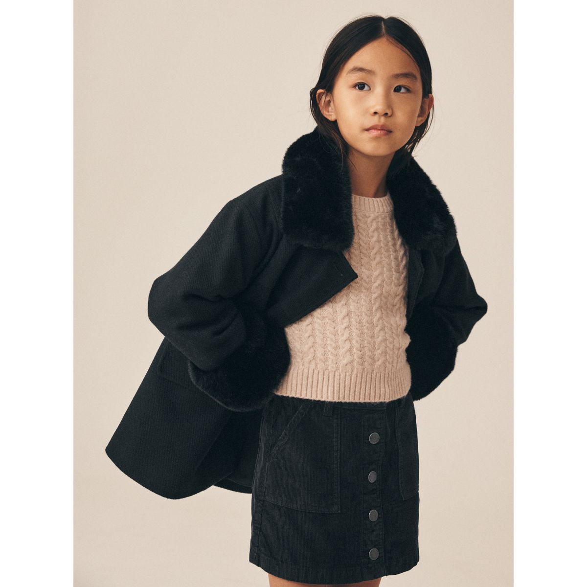 Manteau en laine bordée de imitation fourrure noir, NEXT