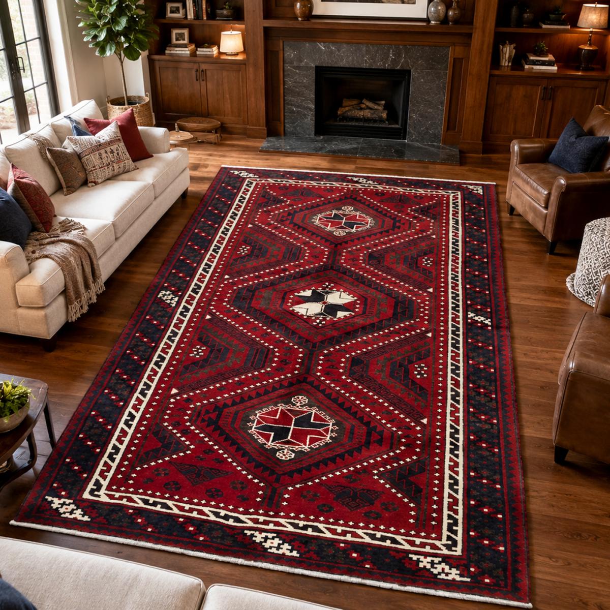 Tapis d'orient, motif oriental, noué main en laine, LORI 5 rouge, crème, noir, UN AMOUR DE TAPIS