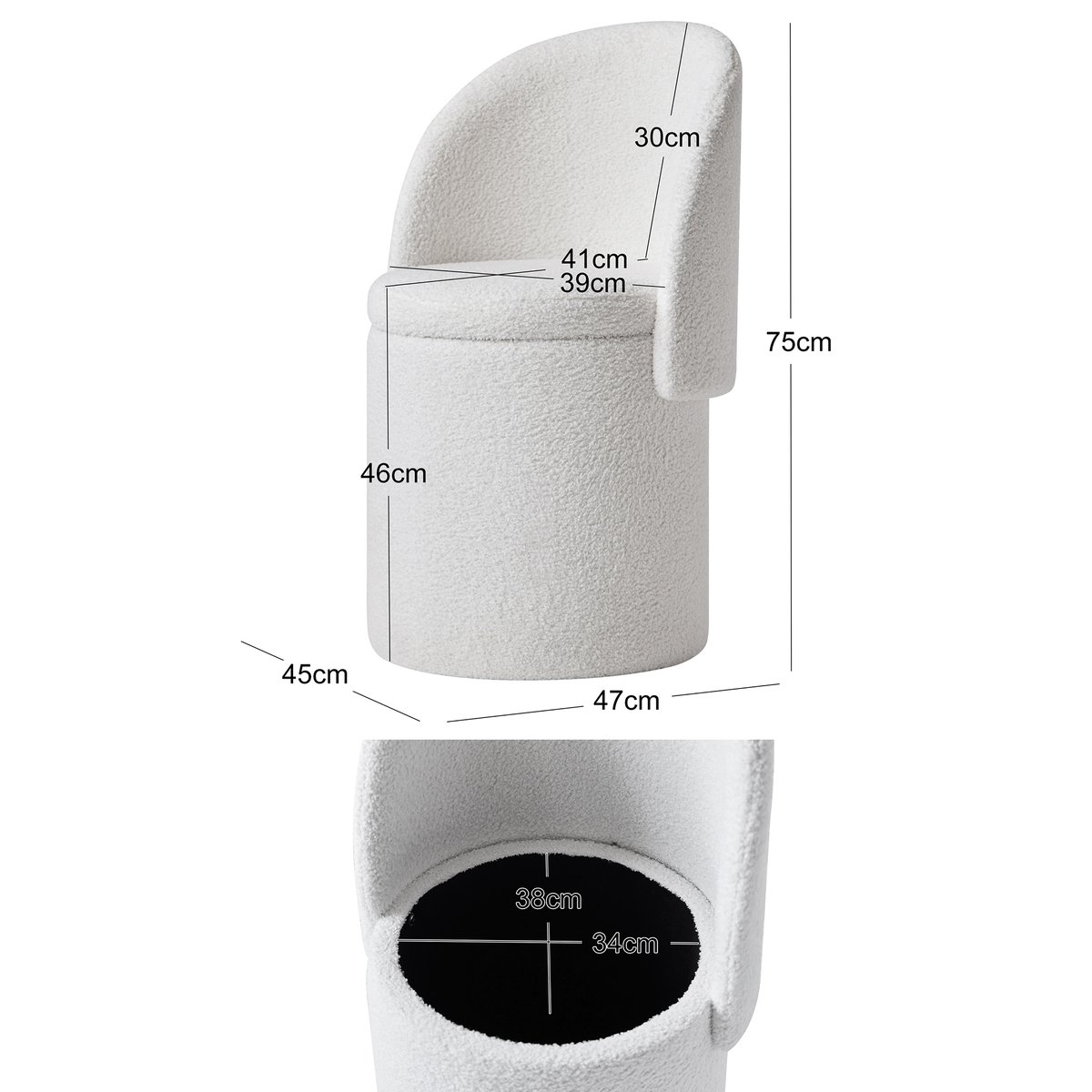 Pouf avec dossier et rangement, bouclette blanc cassé, NORDLYS