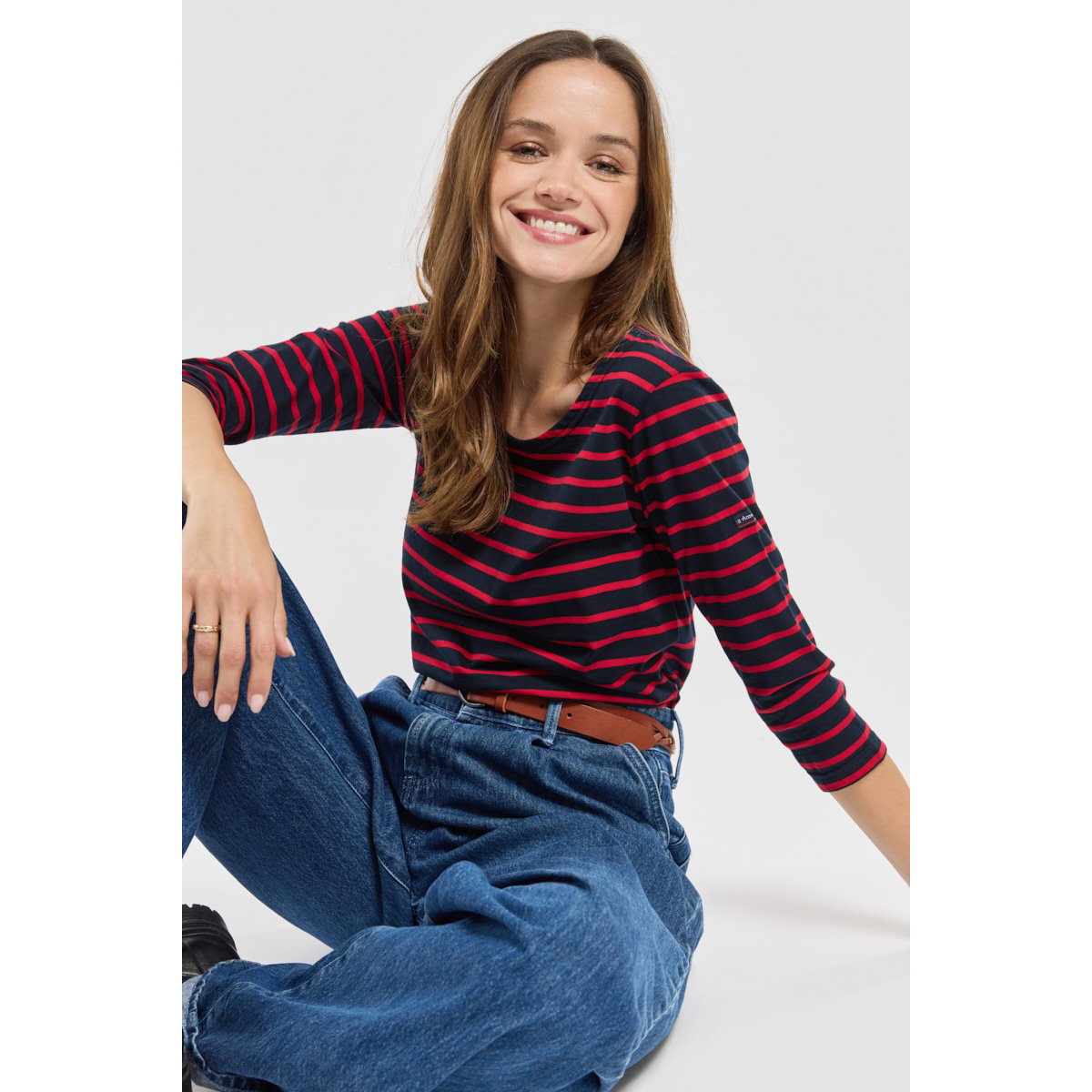 Marinière manches 3/4 en coton léger rich navy/braise, ARMOR-LUX
