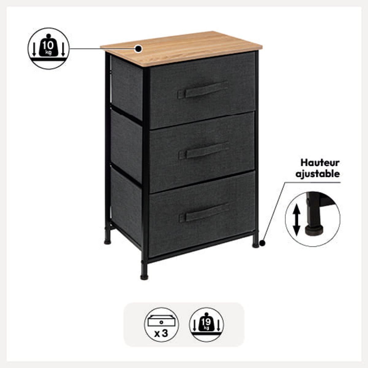 Meuble de rangement 3 tiroirs en acier et bois TISSA gris foncé, 5FIVE SIMPLY SMART