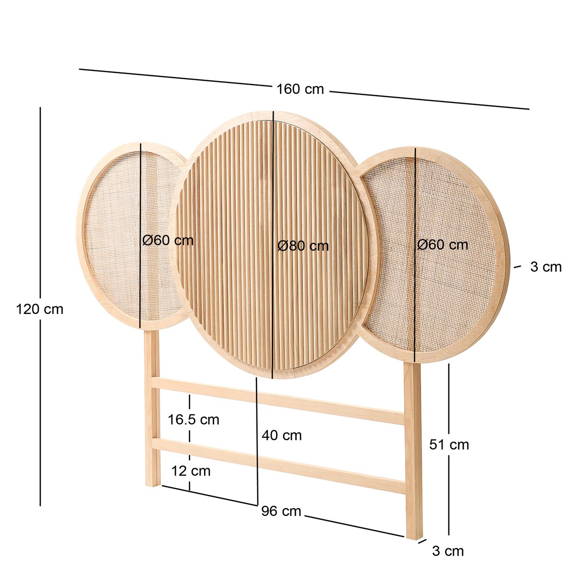 Tête de Lit, 160 cm, bois et rotin, BODO bois clair, NORDLYS