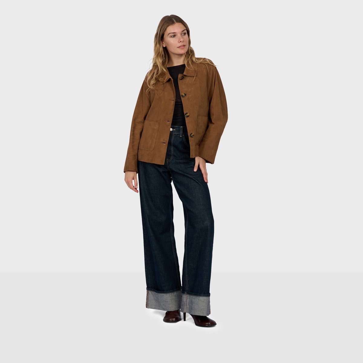 Veste droite en cuir suède HOUSTON marron clair, OAKWOOD