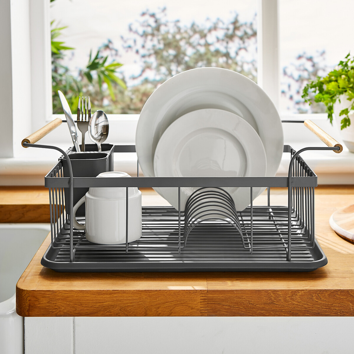Scandi Dish Rack with Wooden Detail grey, TOWER