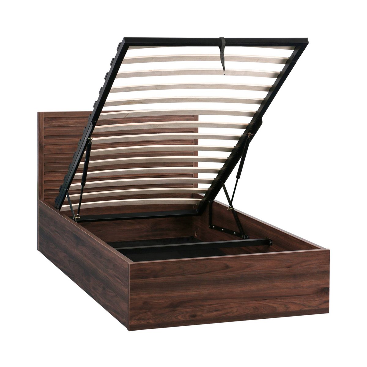 Lit coffre sommier à lattes et tête de lit 90x190cm décor bois MADERE noyer, SWEEEK