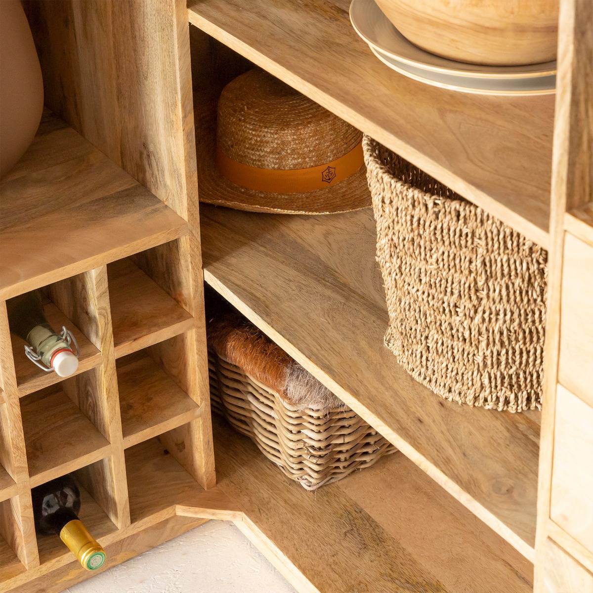 Meuble bar en angle bois de manguier LOU bois clair, MADE IN MEUBLES