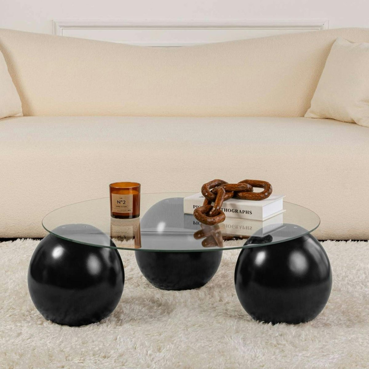 Table basse ronde en verre pieds boules KOCHI verre transparent - pieds noirs, PIER IMPORT