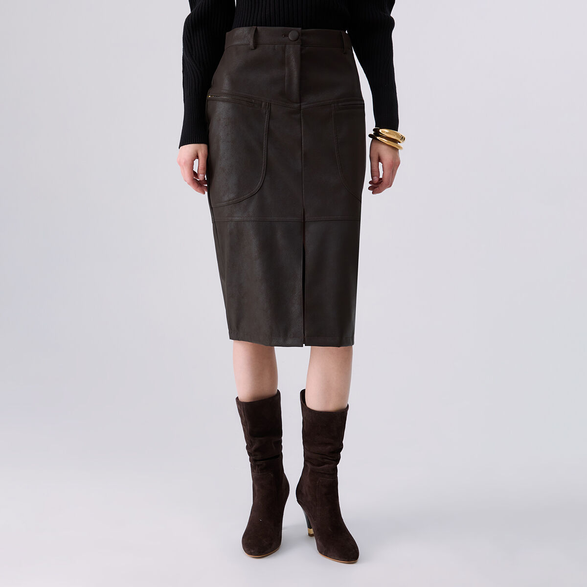 Jupe midi en tissu enduit marron foncé, LIU JO