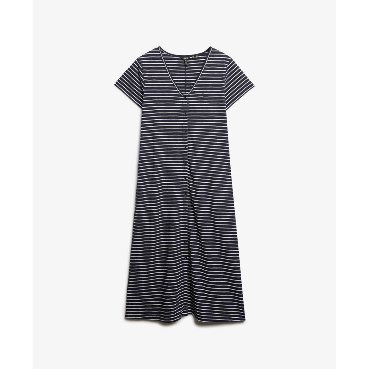 Robe mi-longue boutonnée en jersey à manches courtes rayure optic bleu marine, SUPERDRY