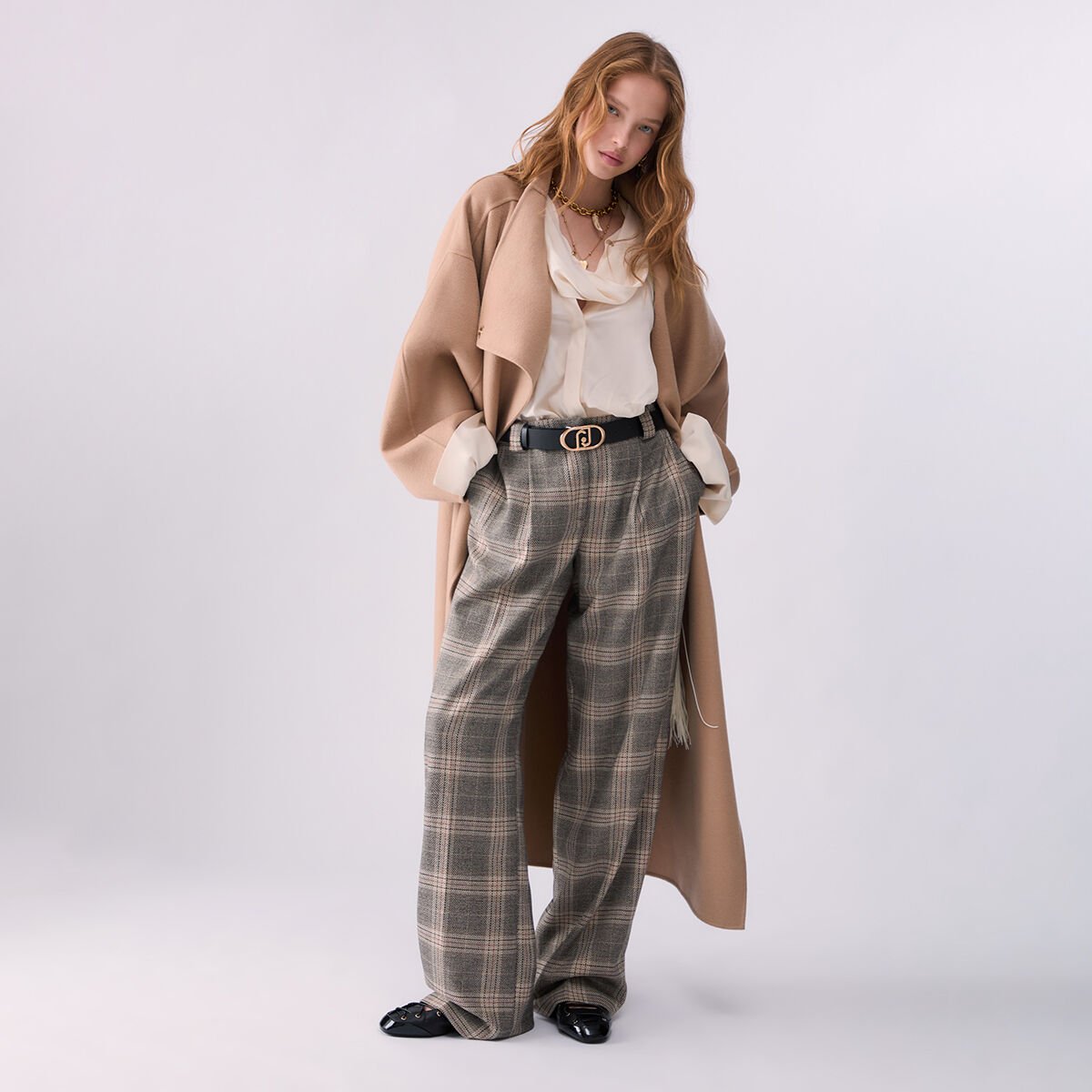 Pantalon palazzo avec ceinture carreaux beiges, LIU JO