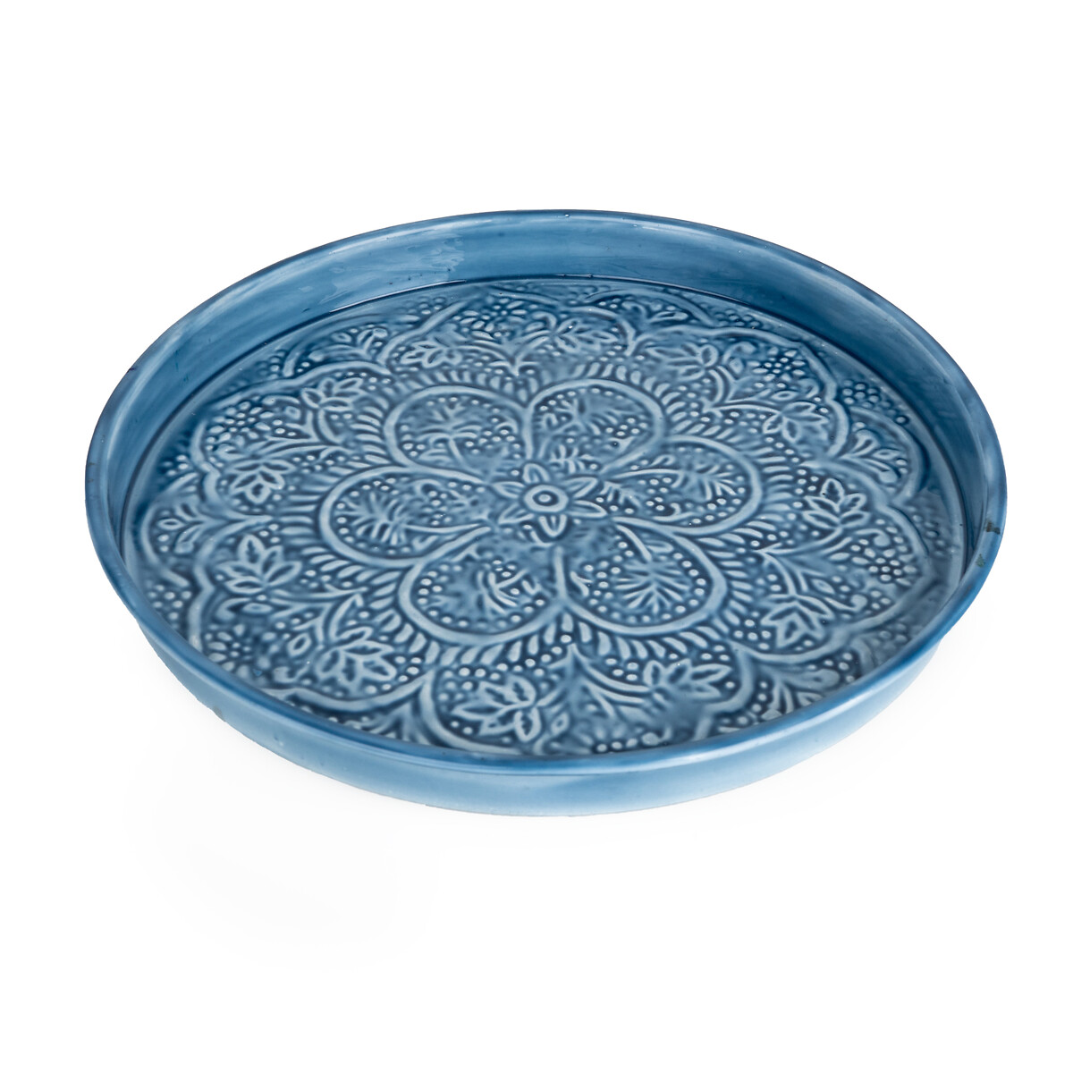 32cm Round Metal Serving Platter with Embossed Enamel blue, SO'HOME