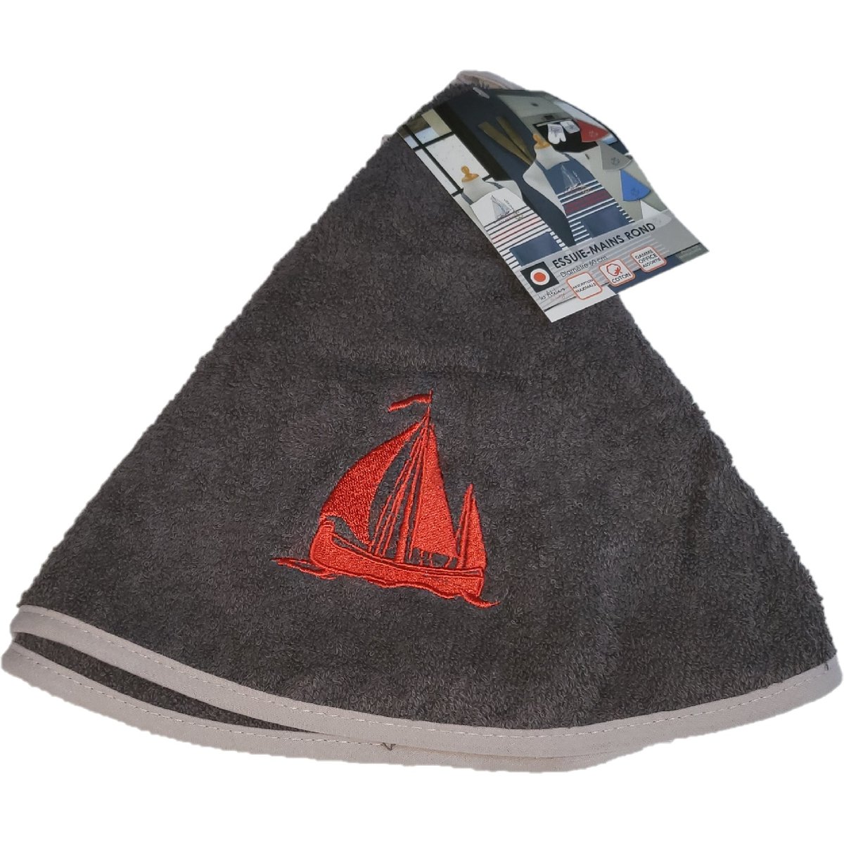 Essuie mains torchon rond brode bateau bleu, blanc, rouge, anthracite, EDEN