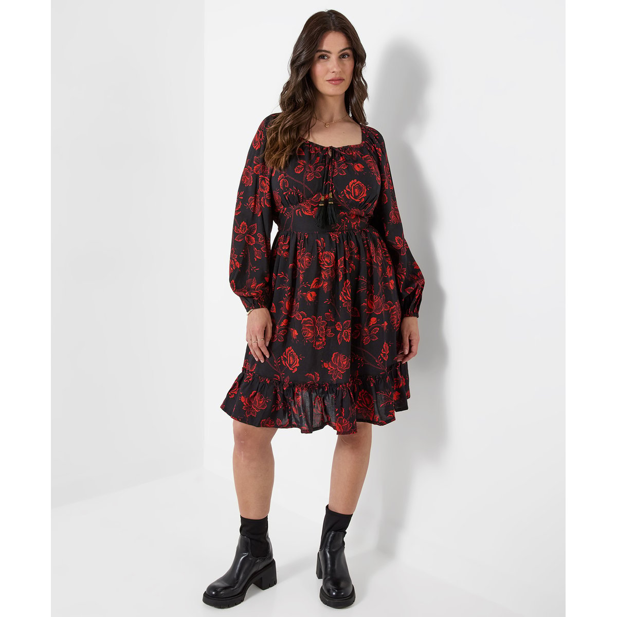 Robe Courte Fleurie à Ourlet à Volant Spectaculaire noir, JOE BROWNS
