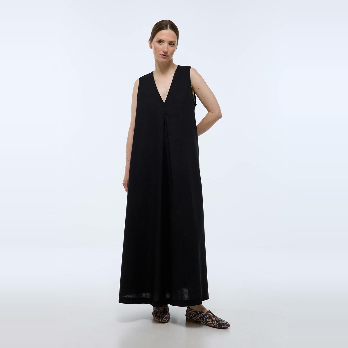 Robe longue unie contenant du lin noir, MONOPRIX