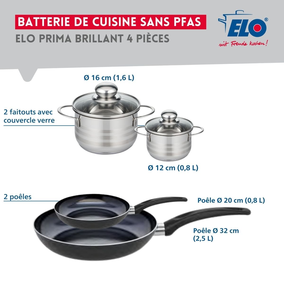 Batterie 2 poêles 20/32cm + 2 faitouts 12/16cm PRIMA BRILLANT noir, ELO
