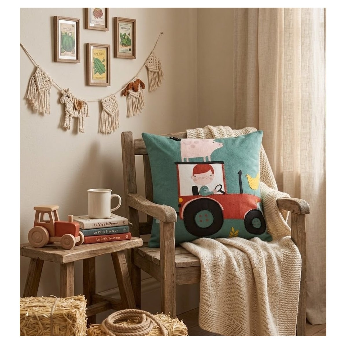 Coussin en coton Tom a la ferme vert, EDEN