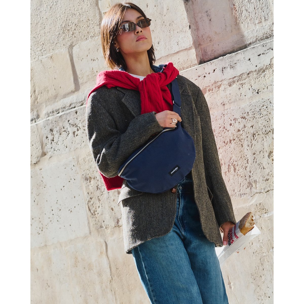 Sac banane en coton enduit zippé CUSTINE XL bleu enduit, RIVEDROITE