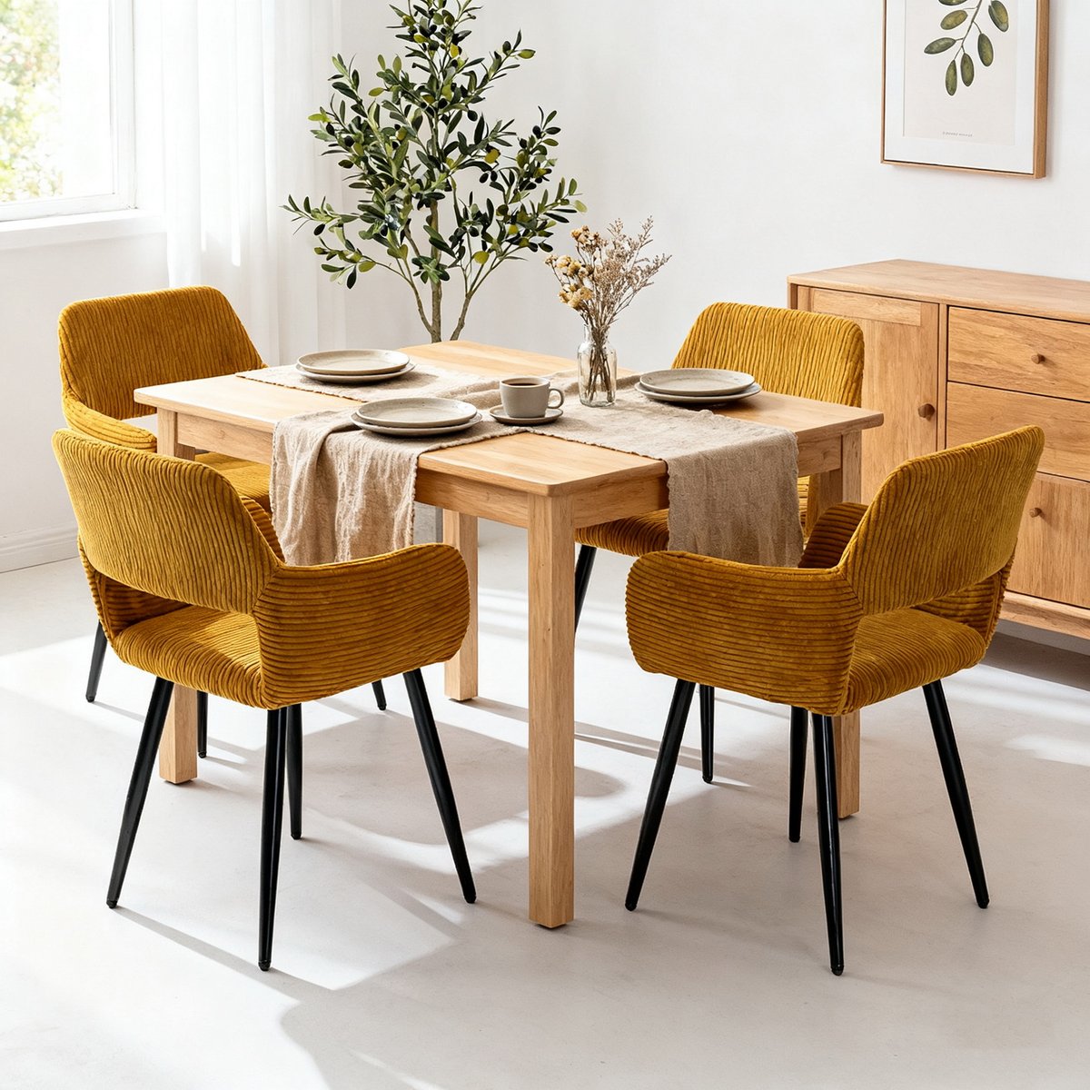 Lot de 4 chaises de salle à manger velours côtelé scandinave, CROMWELL jaune, MEUBLES COSY