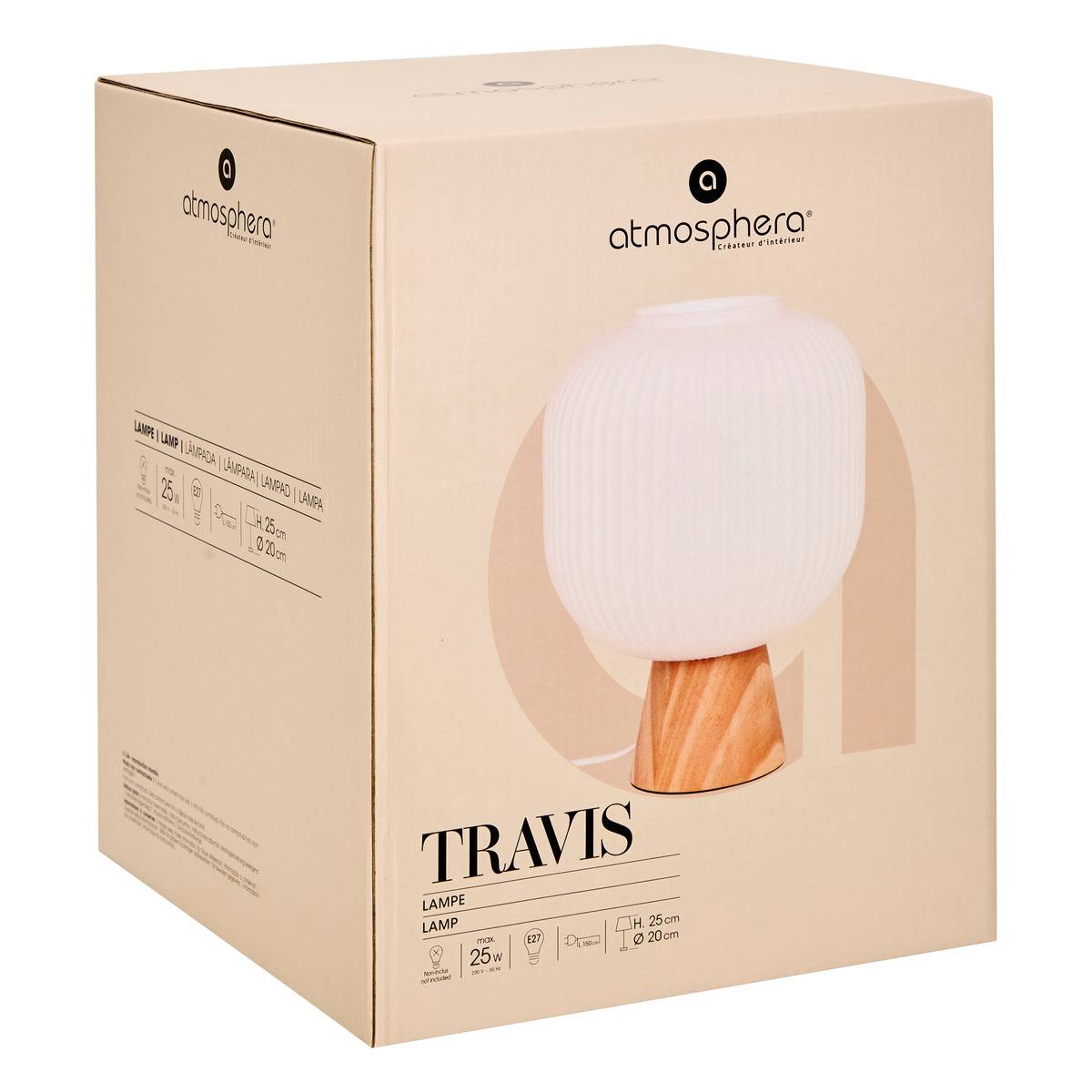 Lampe à poser verre cannelé et bois TRAVIS blanc, ATMOSPHERA