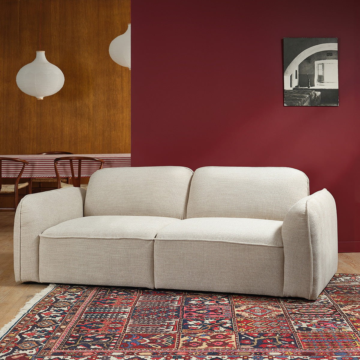 Canapé droit 3 places en tissu texturé HECTOR beige chiné, BERAH GETAH