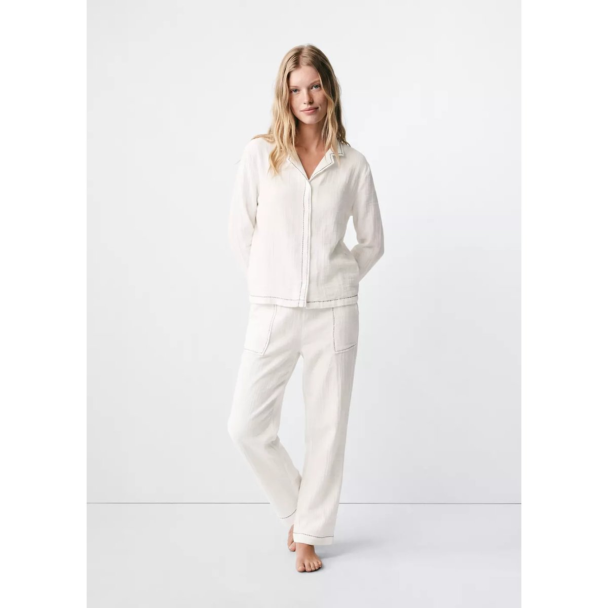 Pyjama deux pièces surpiqûre blanc cassé, MANGO TEEN