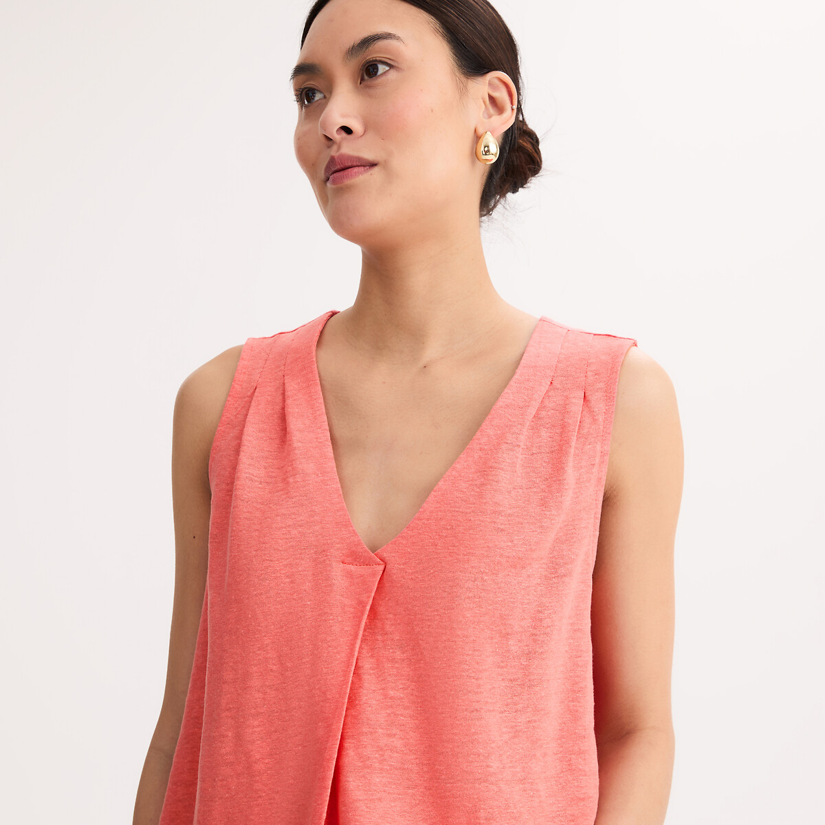 T-shirt sans manches en lin col V  corail, ANNE WEYBURN