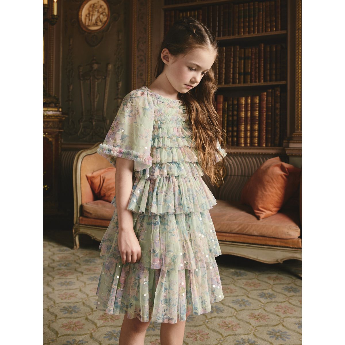 Robe en tulle à volants et fleurs sequins vert menthe, NEXT
